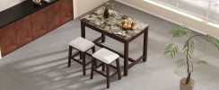 TREXM 3-Piece Modern Faux Marble Versatile Bar Table Set with Storage Drawers and Padded Stools