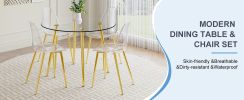 A modern minimalist style round transparent tempered glass table with gold metal legs