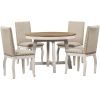 TREXM 5-Piece Farmhouse Dining Table Set Wood Round Extendable Dining Table and 4 Upholstered Dining Chairs (Oak Natural Wood + Antique White)