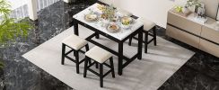 TREXM 5-Piece Modern Faux Marble Versatile Bar Table Set with Storage Drawers and Padded Stools